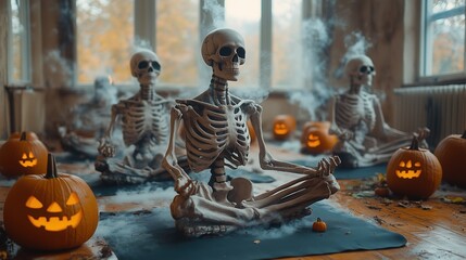 Skeletons practicing yoga poses , fun setting. Ideal for Halloween event flyers, social media campaigns, or spooky wellness promotions. gyms, yoga studio, Add some quirky fun to your marketing