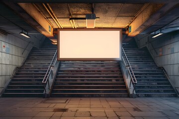 Urban Subway Entrance with Blank Billboard and Stairs