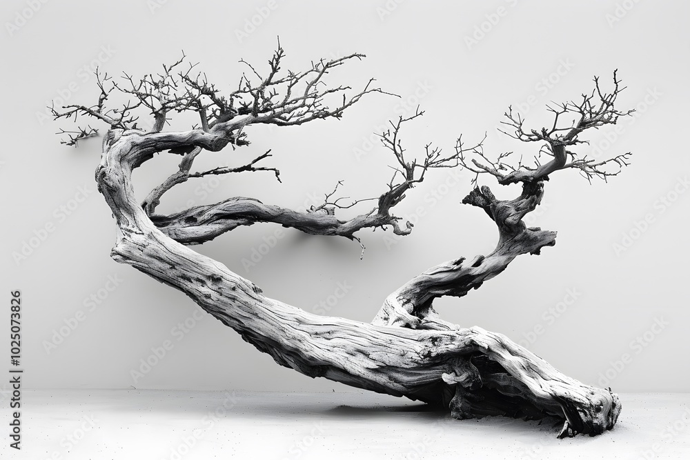 Poster artistic representation of a twisted tree in monochrome