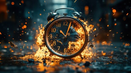 Vintage alarm clock exploding with intense fire and sparks, symbolizing urgency, time pressure, and destruction, dramatic explosion, countdown concept, burning clock, chaos, intense heat, fiery flames