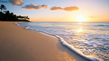 Obraz premium Serene Sunset at Tropical Beach - Gentle Breeze and Soft Waves Create a Peaceful Shoreline Atmosphere Under Colorful Skies