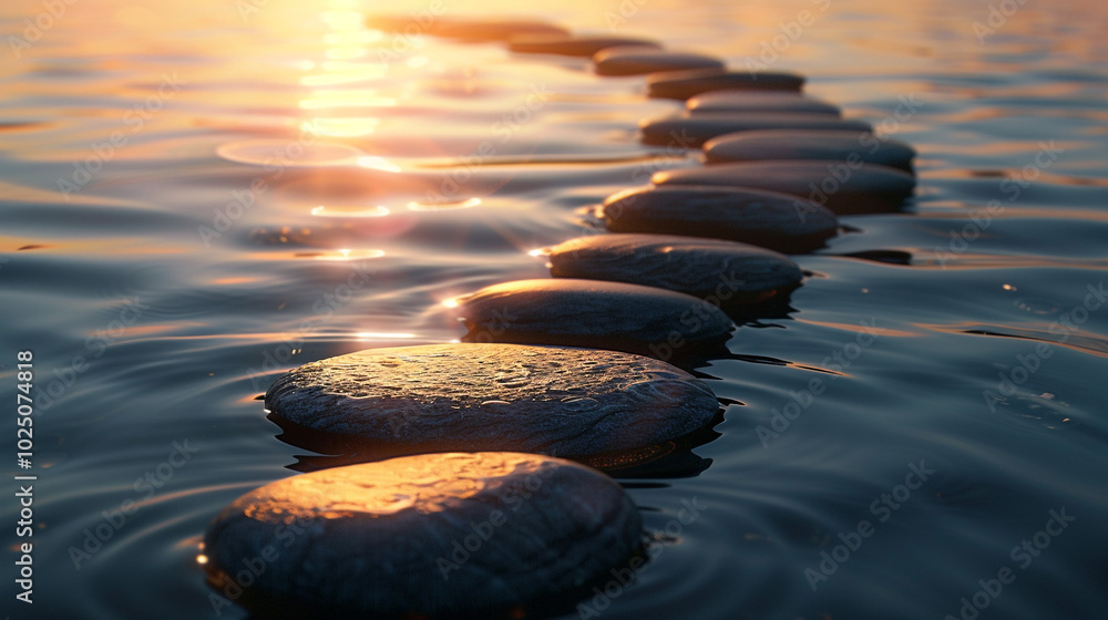 Poster a gradient of river stones arranged along the water's edge, transitioning from dark charcoal gray to