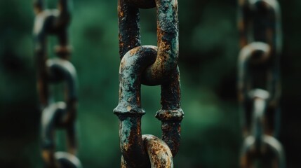 Fototapeta premium Detailed macro of corroded iron chains, with outdoor backdrop