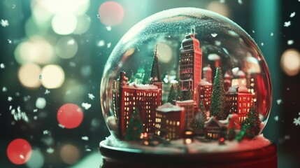 A close-up of a glass snow globe with a miniature city in holiday season inside, with snowfall effect, green and red hues