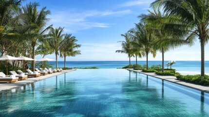 Infinity Pool Overlooking the Ocean with Palm Trees and Loungers