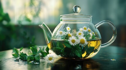 A glass teapot filled with herbal tea and floating botanical elements, including mint leaves and chamomile flowers