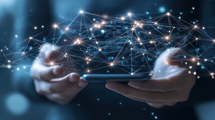 Close-up of hands holding a smartphone, engaging in international networking. Simple background, highlighting digital connection.