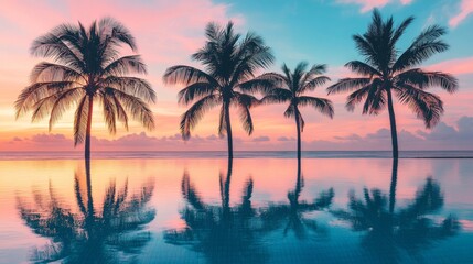 Silhouetted Palm Trees Reflecting in a Pool at Sunset
