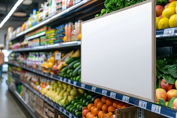 Fresh Produce Aisle with Blank Signage in a Supermarket