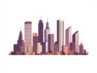 Fototapeta premium An illustration of modern city buildings, simple flat design with clean lines in shades of brown and purple on a white background.