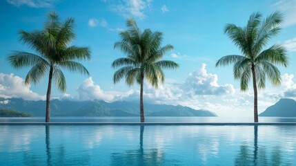 Three Palm Trees Framing a Pool and Distant Mountains