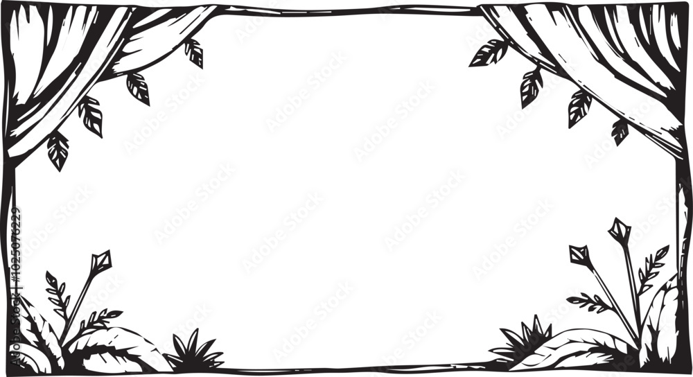 Canvas Prints A black and white illustration of a frame with leaves and branches.