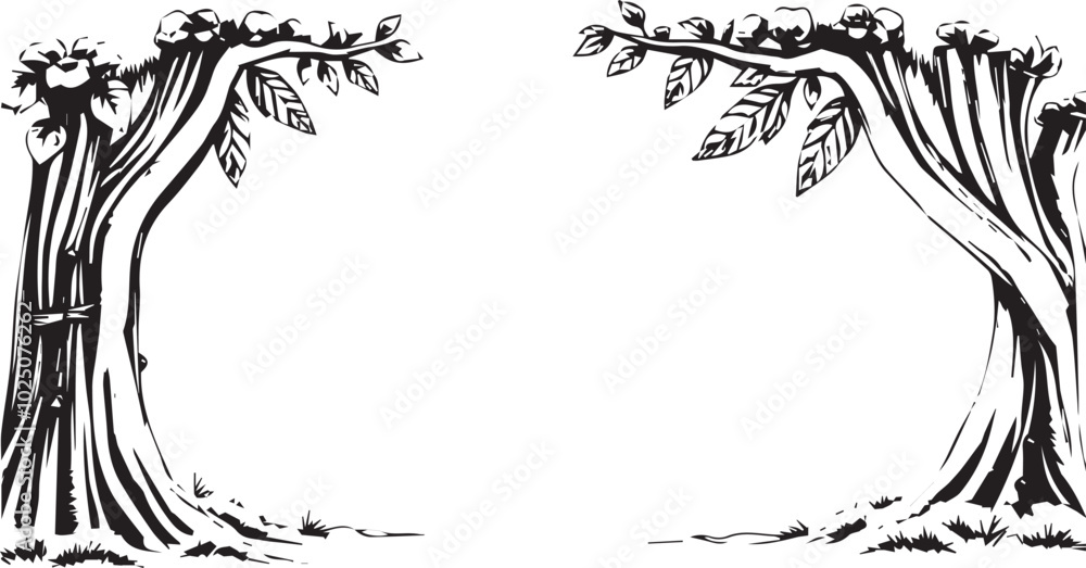 Poster two stylized trees create a frame on a white background.