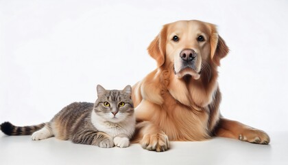 Obraz premium Golden retriever dog and tabby cat lying on white background