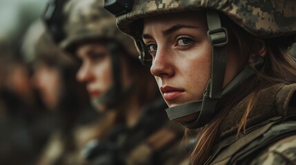 A group of female soldiers in camouflage uniforms, with a focus on one soldier, blurred background