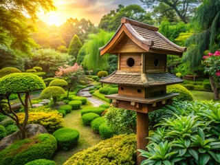 Charming Asian Birdhouse Surrounded by Lush Greenery in a Tranquil Garden Setting