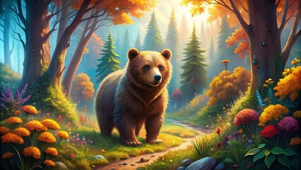 Fototapeta premium Charming Bear Illustration in a Colorful Forest Setting Perfect for Children's Books and Decor