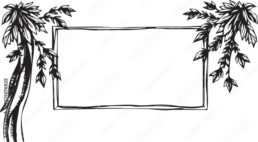 Poster a simple black and white graphic of a frame adorned with leafy branches on either side.