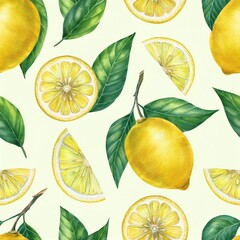 Watercolor seamless pattern with lemons and green leaves on branch