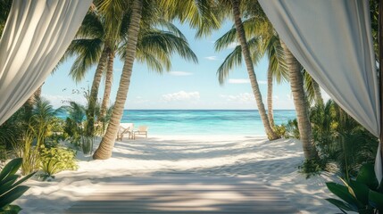 Tropical Beach View Through White Curtains