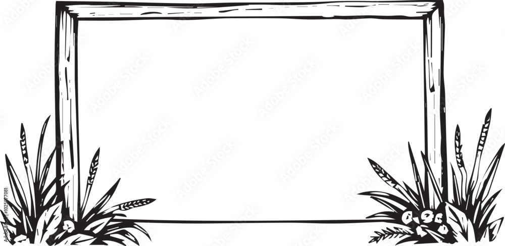 Poster a simple black and white sketch of a blank frame with plants on either side.