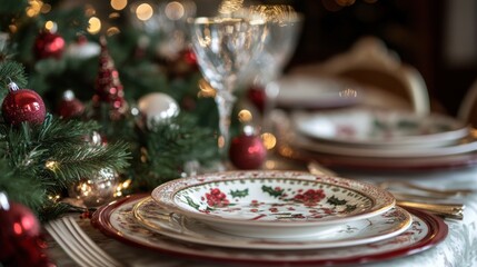 close-up of a Christmas dinner table decorated with elegant plates and festive decorations