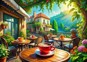 Fototapeta premium Charming Cafe Illustration with Cozy Vibes and Fresh Coffee, Perfect for Food Lovers and Coffee Enthusiasts Online