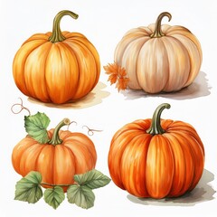 Watercolor illustration featuring four pumpkins and autumn leaves