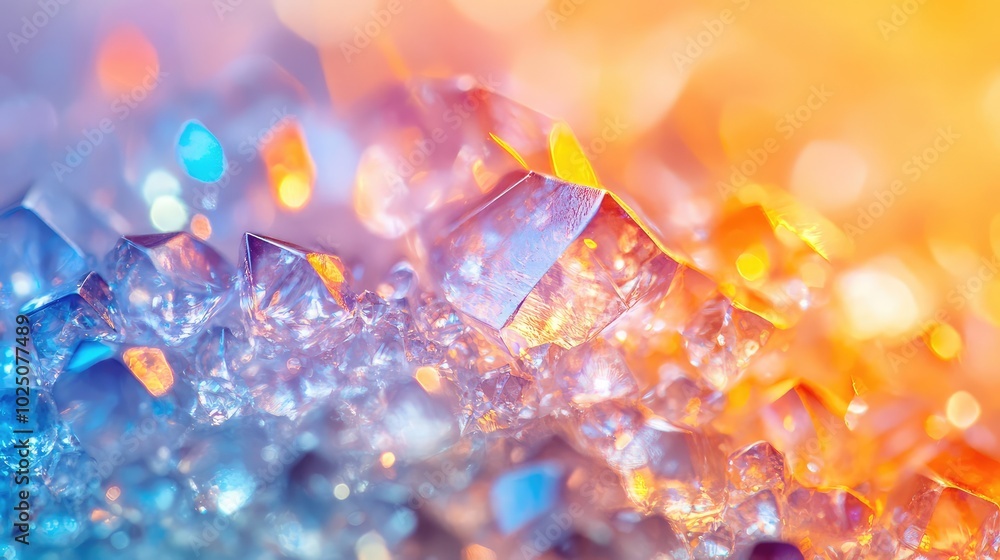 Poster a macro shot of a cluster of small glass crystals, each reflecting light uniquely, creating an abstr