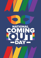 National Coming Out Day. Happy holiday. Pride month. LGBT rainbow flag. Diversity and equality. Gay and lesbian. Free love, heart shape. Illustration. Vector poster