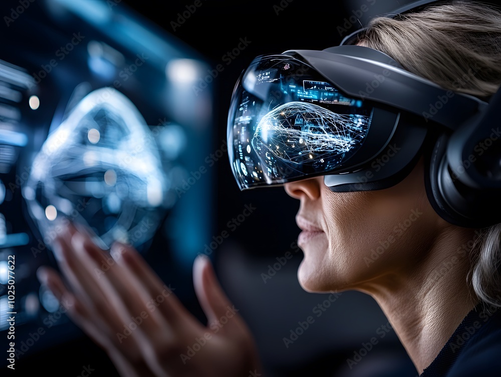 Poster close-up of woman using virtual reality headset for immersive brain data visualization in a high-tec