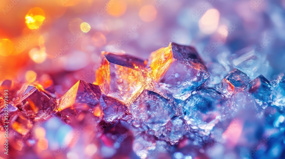 Poster a macro shot of a cluster of small glass crystals, each reflecting light uniquely, creating an abstr
