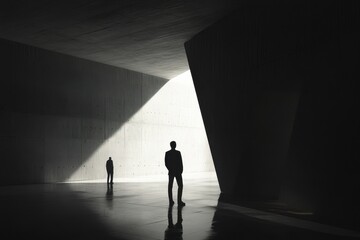 A man stands in the dark, silhouetted against the light from an opening at one end of an underground concrete platform with modern architecture Generative AI