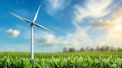 Wind turbine in green field under blue sky