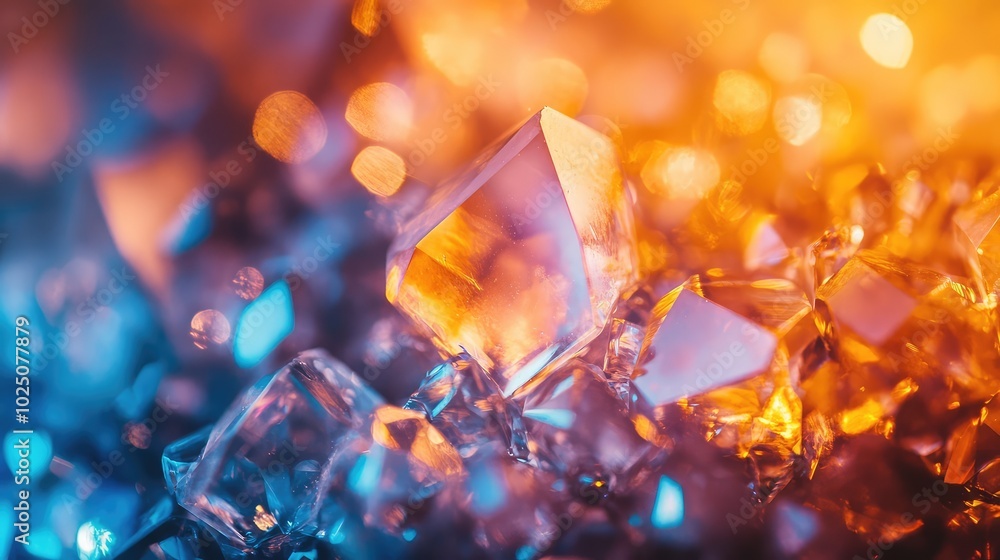 Poster a macro shot of a cluster of small glass crystals, each reflecting light uniquely, creating an abstr