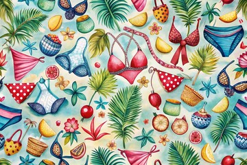 Charming Hand Drawn Beach Seamless Pattern Featuring Bikinis and Decor for Fashion Textiles, Wallpapers, and Wrapping