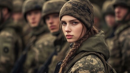 Fototapeta premium Close-up of a female soldier with a long braid standing among group of soldiers in camouflage uniforms, soft-focus background
