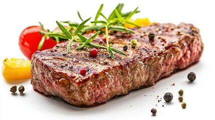   A steak sits on a white plate with peppers and tomatoes nearby