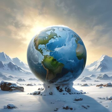 Illustration of frozen earth with snowy background.