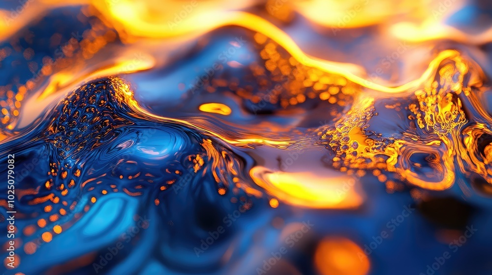 Poster a macro shot of molten glass pooling on a work surface, with intricate patterns forming as the glass