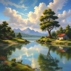 Obraz premium Illustration of stunning summer landscape with heavenly sky.