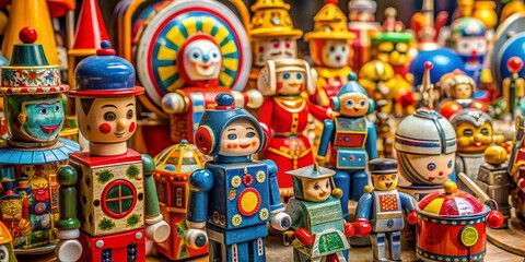 Fototapeta premium Charming Vintage Clockwork Toys: A Nostalgic Collection of Mechanical Wonders for Enthusiasts and Collectors Alike