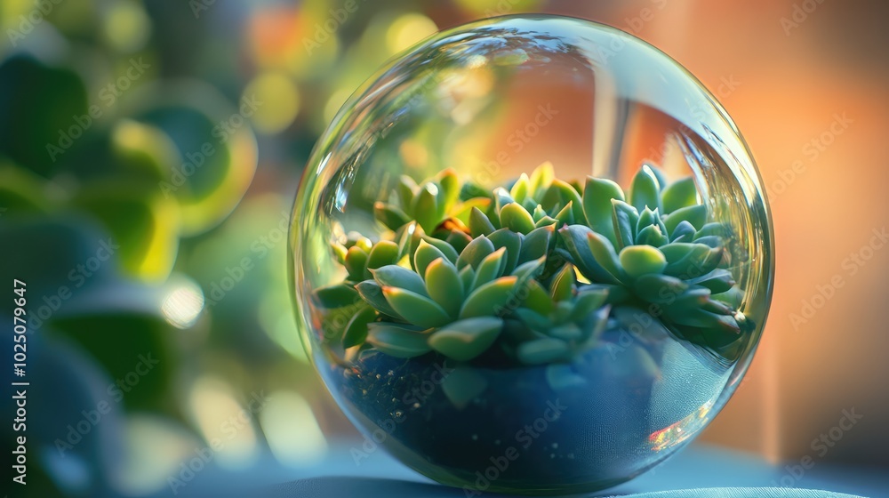 Poster a macro shot of tiny succulents inside a glass globe, with light filtering through and creating refl