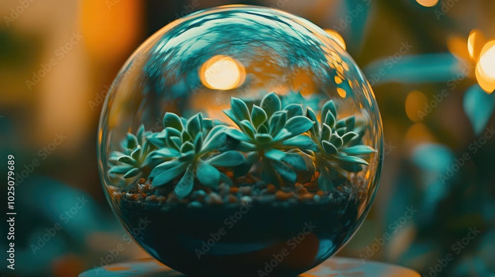Poster a macro shot of tiny succulents inside a glass globe, with light filtering through and creating refl