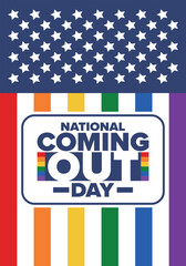 Fototapeta premium National Coming Out Day. Happy holiday. Pride month. LGBT rainbow flag. Diversity and equality. Gay and lesbian. Free love, heart shape. Illustration. Vector poster