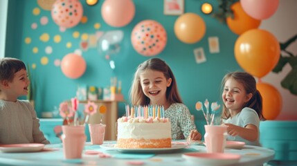 A cozy family birthday celebration at home around the table, with decorations and homemade cake