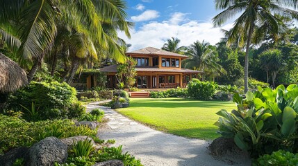 Obraz premium Tropical House with Palm Trees and Stone Path