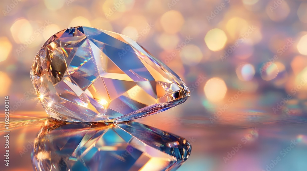 Poster a macro view of a glass crystal resting on a reflective surface, with beautiful reflections and dist