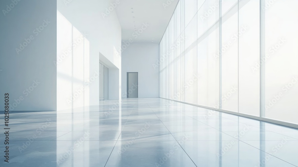 Poster a minimalist hallway with large windows and a white tiled floor. the sunlight streams through the wi