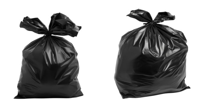 Tight black garbage bag isolated on transparent background, Trash waste bag Cut out or die-cut PN